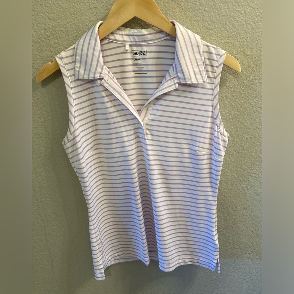 Adidas women’s striped sleeveless lavender golf polo, size small